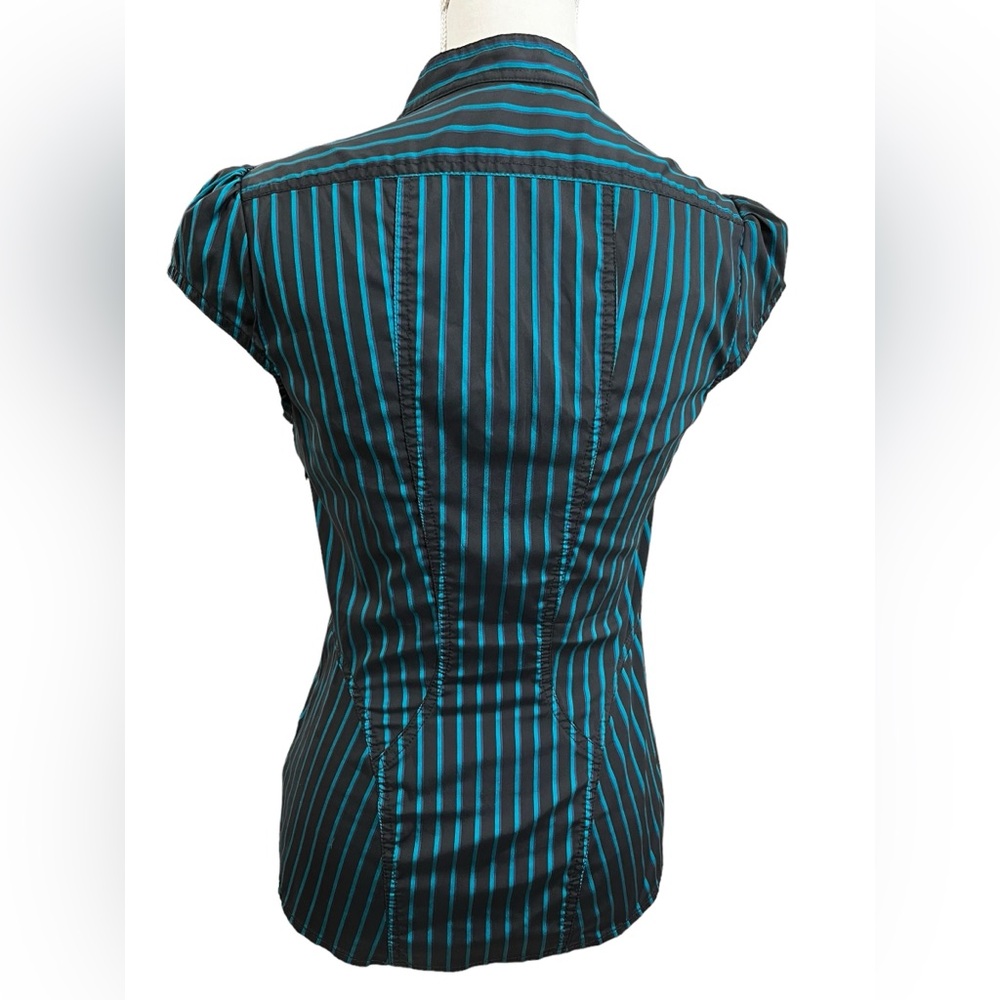 Express Elite Teal Stripe Ruffle Blouse Career Top Y2K Stretch Small - Picture 3 of 6